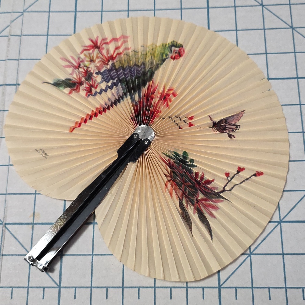 Chinese Paper Folding Hand Fan W/Metal Handle, Vintage Mid-Century, 37